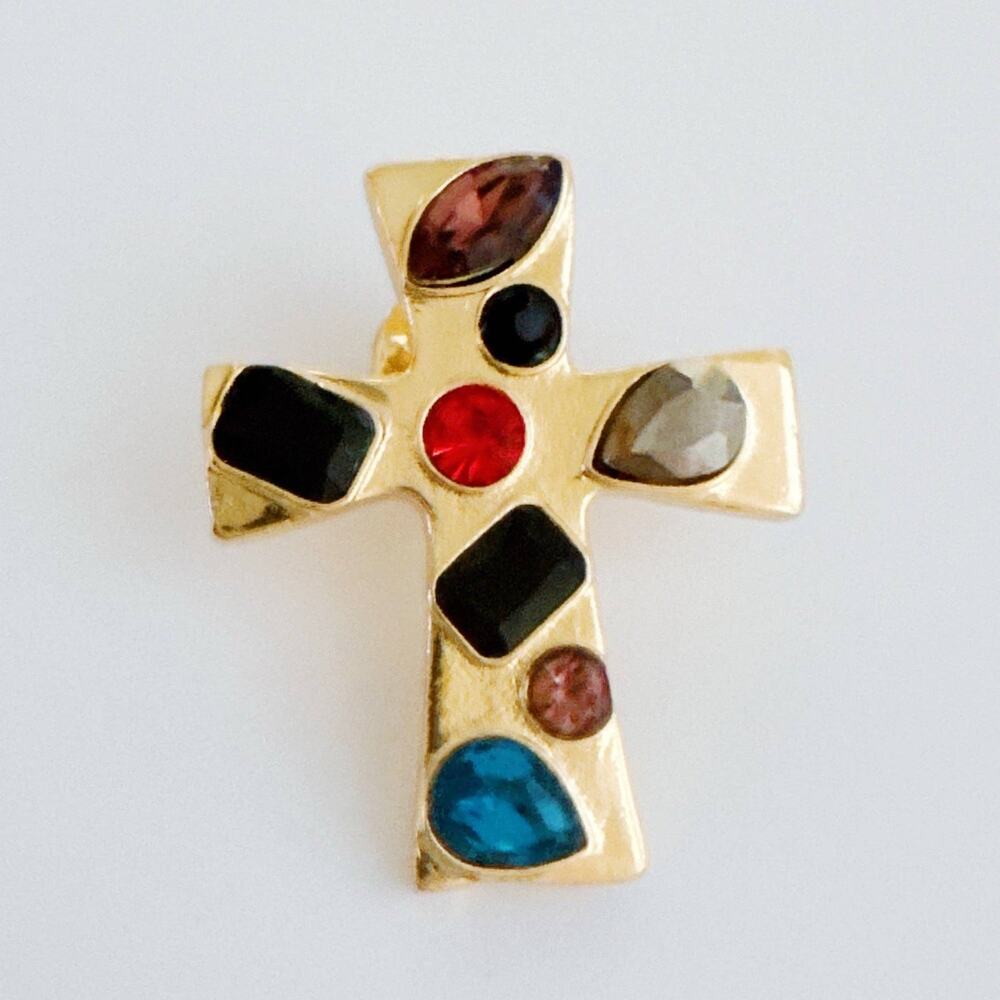 Gold-Tone Multicolor Gem Cross Brooch - Women Jewelry Brooches